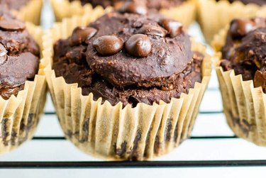 Chocolate protein muffins made with protein powder, oat flour and bananas
