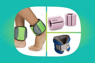 collage of the best ankle weights of 2024 isolated on a teal background
