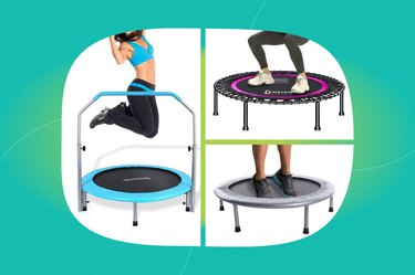 graphic of exercise trampolines on a blue-green background