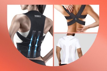 a collage of three of the best posture correctors on a pink and orange background