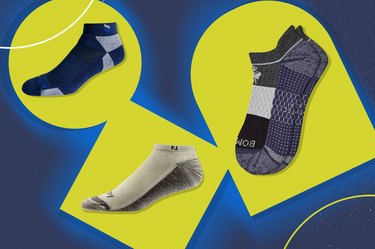 three of the best golf socks available now on a blue and yellow background