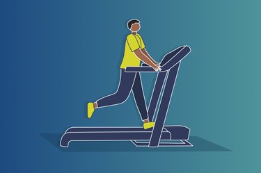 Illustration of someone running on a treadmill, holding on to the railings