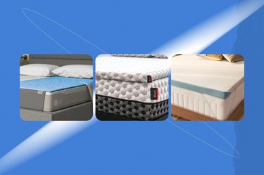 a collage of three of the best cooling mattress toppers on a blue and white background