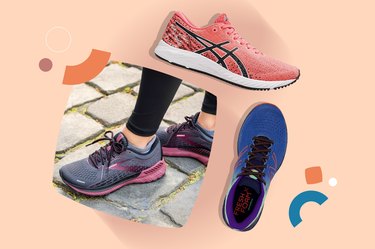 a collage of some of the best shoes for posture on a light pink background