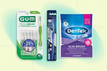 a collage of some of the best interdental brushes on a yellow and green background