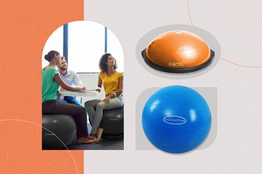 A collage of three best exercise balls on a gray and orange background.